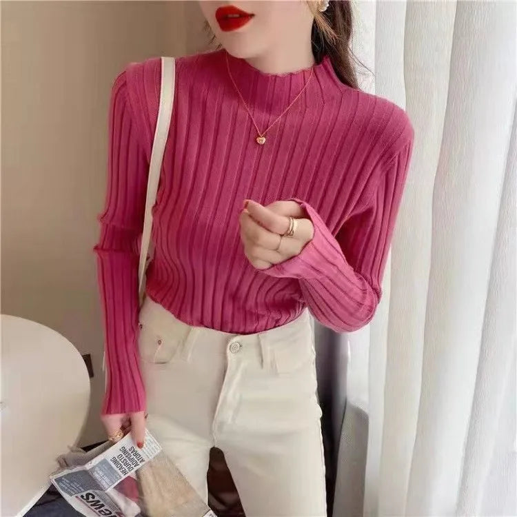 Autumn Winter Knitwear Tops Fashion Female Long Sleeve Skinny Elastic Casual Knitted Shirts Women Mock neck Pullover Sweaters