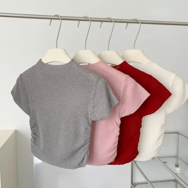 Summer Knitted T-Shirt Women Shirts Pullover Crop Tops Short Sleeve Female Elastic Slim Casual Knit Tee Women's T-Shirts