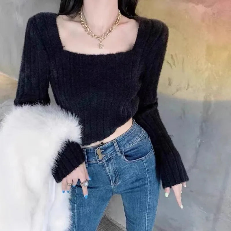 Autumn Winter Knitting Crop Tops Women Skinny Sweaters Bottom Shirts Fashion Female Long Sleeve Pullover Casual Knitted Sweater