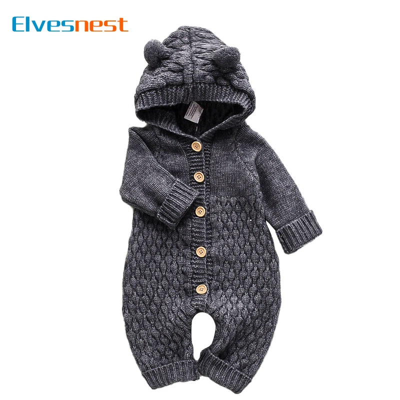 Long Sleeve Hooded Newborn Baby Clothes Knitted Romper Fashoin Solid Color Baby Girl Clothes Winter Warm Infant Clothing