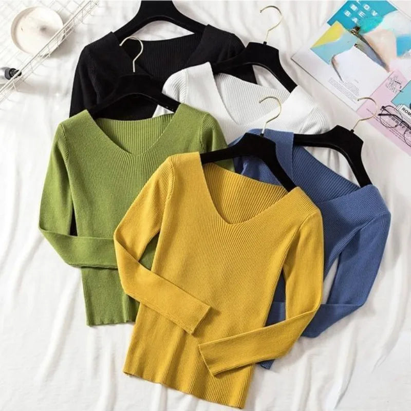 Women Knitted Shirts Fashion Female Autumn Winter Long Sleeve V-neck Skinny Elastic Casual Thin Sweater Pullover Tops Knitwear