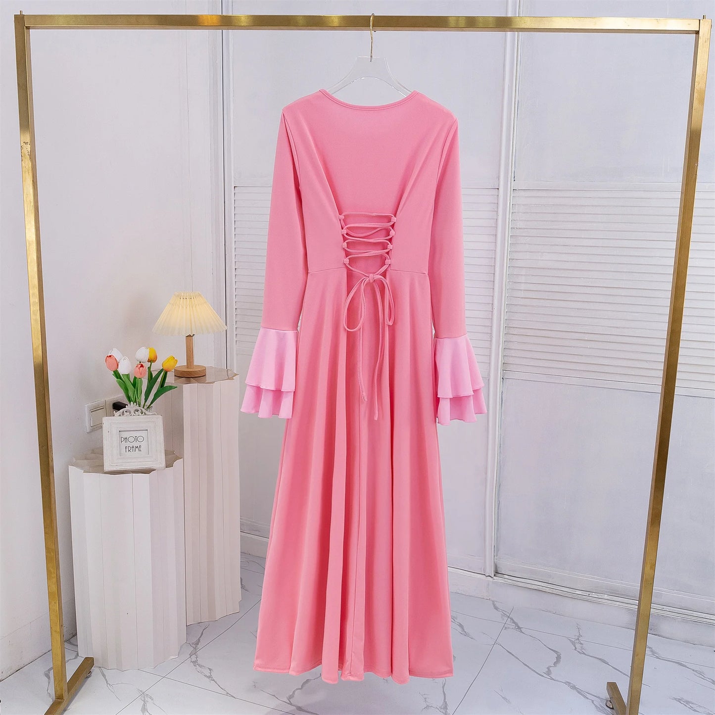 Muslim Dress Women Party Dresses Full Sleeve Casual Solid Fashion Elastic Lace Up Long Elegant Slim Maxi Dress Women's Clothing