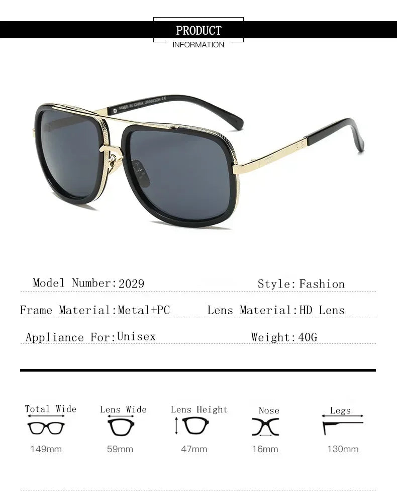 New Fashion Big Frame Sunglasses Men Square Metal Sun Glasses Women Retro Sunglass Vintage High Quality Gafas Oculos De Sol