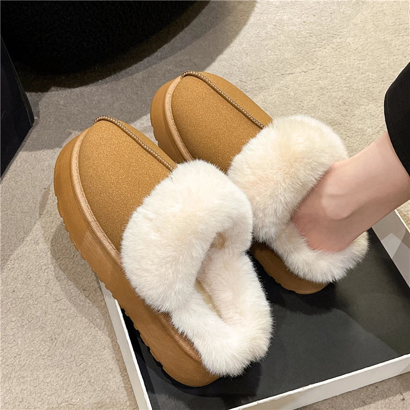 Women's new fur slippers for outdoor wear, 2024 winter short tube snow boots, thick soled warm cotton slippers