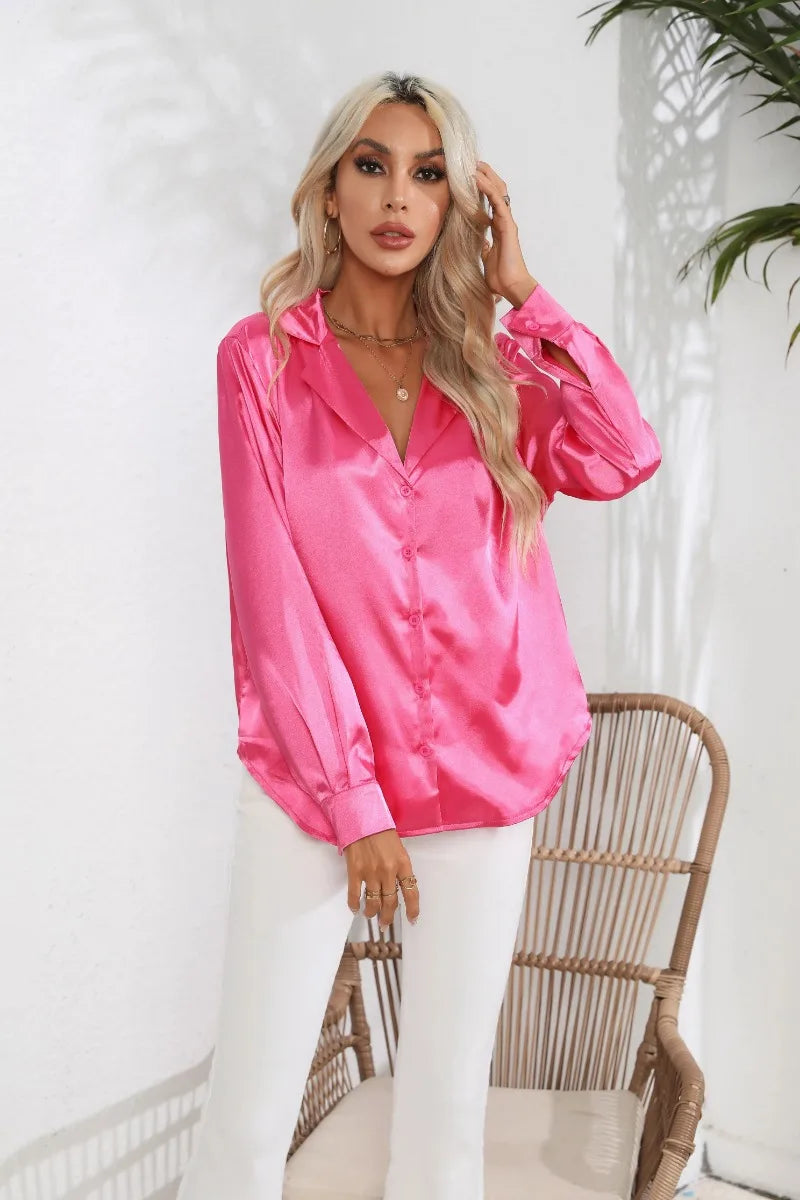 2024 Spring Summer Women Shirts Office Lady Woman Long Sleeve Satin Turn-down Collar Blouse with Single Breasted Female Blouses