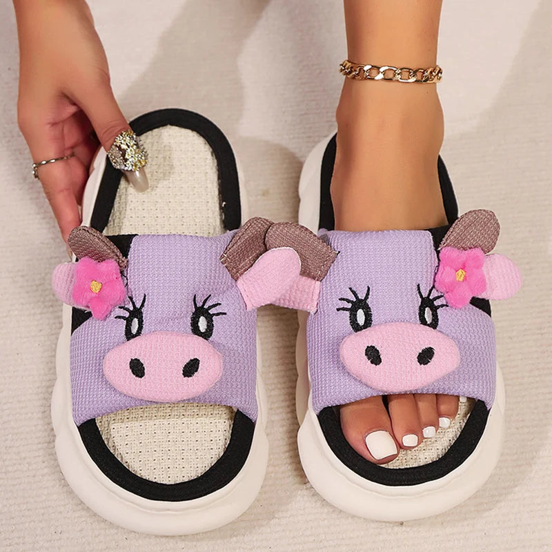 Cute Cow Thick Bottom Linen Slippers Women 2024 Winter Comfort Home Cotton Slippers Woman Flat Heels Non Slip Indoor Shoes Slide