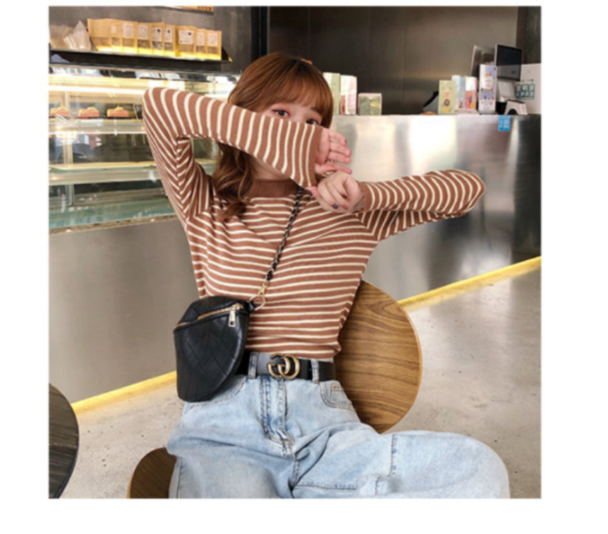 Autumn Winter Women Mock neck Sweaters Pullover Tops Fashion Female Skinny Elastic Long Sleeve Casual Striped Knitted Shirts