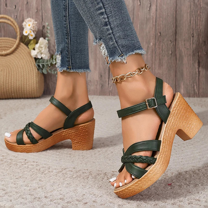 Women's Braided High Heels Sandals 2024 Summer Chunky Platform Gladiator Sandals Woman Ankle Straps Vacation Casual Beach Shoes