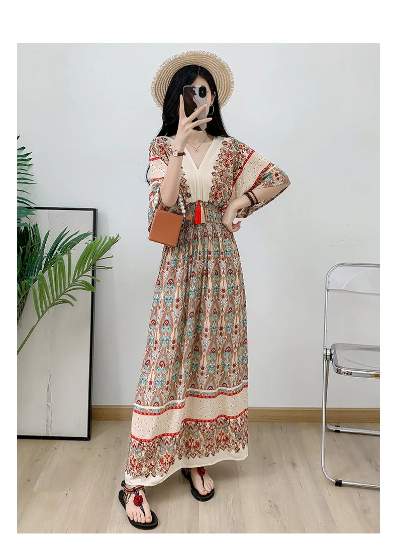 Print Floral Short Sleeve Maxi Dress Women Dresses Summer Spring V-neck Fashion Female Vintage Poplin Bohemian Beach Dresses