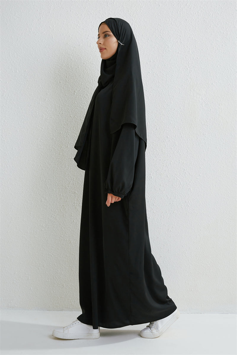 Muslim Abaya Prayer Dress One-piece Hooded Smocking Sleeve Islamic Clothing Women Jilbab Dubai Saudi Black Robe Turkish Modesty