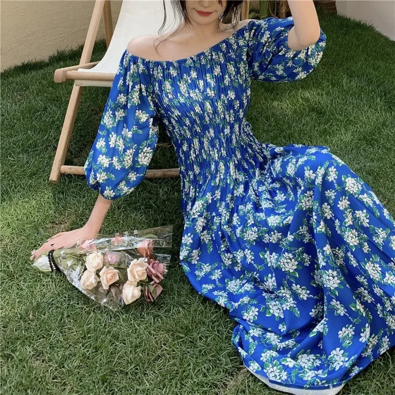 Spring Summer Dress Women Casual Dresses Off Shoulder Fashion Female Vestidos Short Sleeve Printed Floral V-neck A-line Dresses