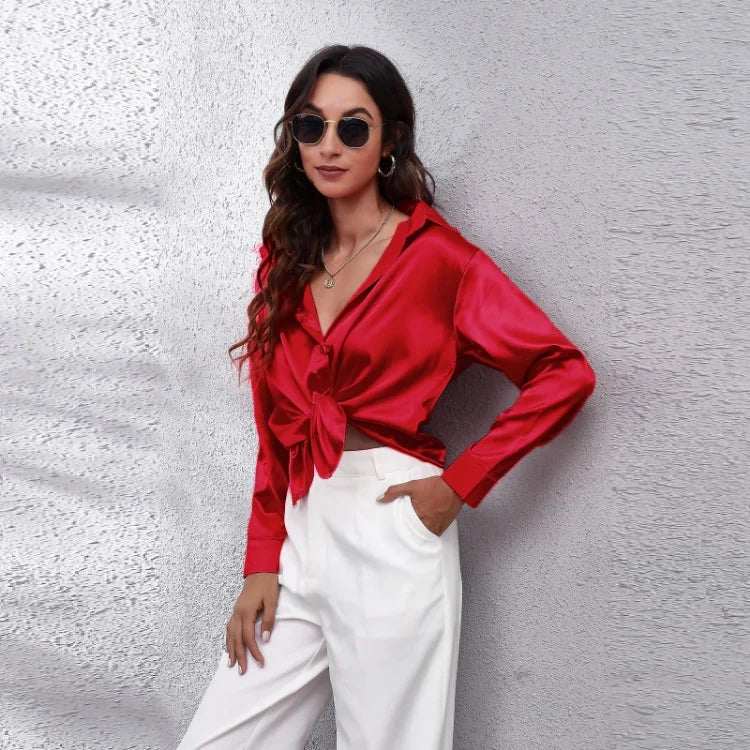 Spring Summer Long Sleeve Women's Silk Shirt Office Ladies Stain Blouses Solid Turn-down Collar Single Breasted Woman Shirts