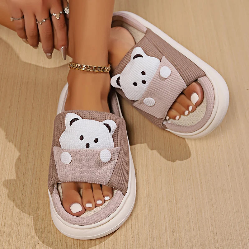 Cute Cartoon Bear Home Slippers Women 2024 Winter Comfort Soft Sole Linen Slippers Woman Non Slip Flat Heels House Shoes Slides