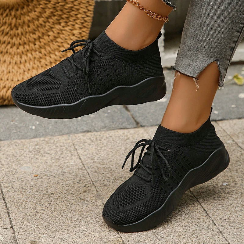 Breathable Knitted Athletic Shoes for Women 2024 Spring Low Top Casual Flat Shoes Woman Plus Size 43 Lightweight Tennis Sneakers