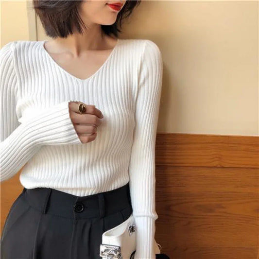 Autumn Fashion Female Long Sleeve V-neck Skinny Elastic Casual Sweater Women Knitted Shirts Pullover Top Women's Sweaters