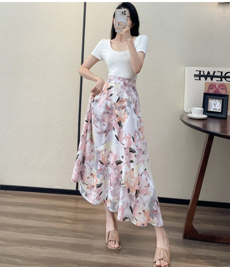 2022 Summer High Waist Women Skirts Casual Floral Printed Chiffon Woman Midi Skirts Bohemian Beach Holiday Long A-line Skirts