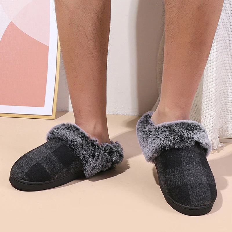 Plaid Thicken Plush Fur Slippers Women 2024 Winter Closed Toe Couple Home Slippers Woman Comfort Soft Sole House Shoes Slides