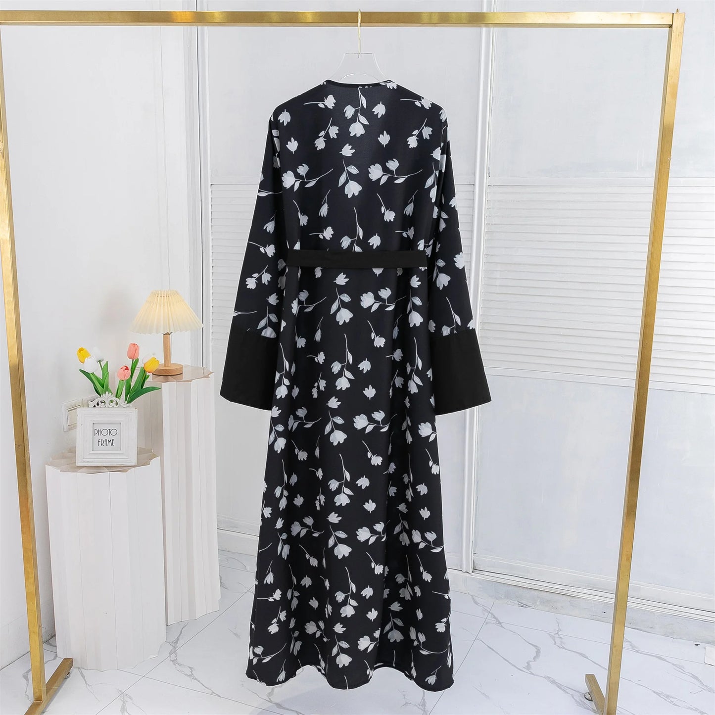 Muslim Printed Floral Open Front Abaya women Long Sleeve Maxi Length Dress With Belt Women's Clothing Kaftans Women Jilbabs