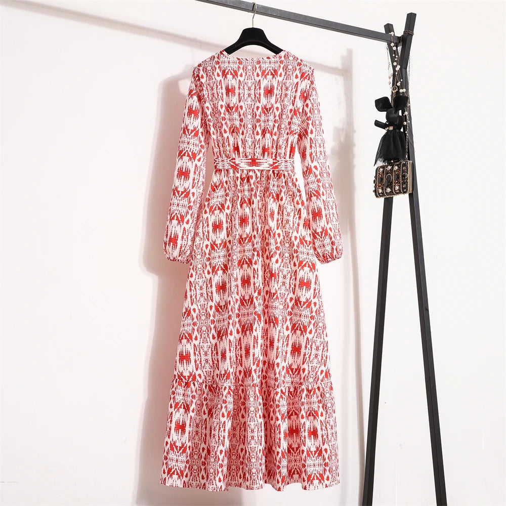 Autumn Spring Women Chiffon Dresses O-neck Mujer Vestidos Female Vintage Floral Printed Full Sleeve A-line Long Maxi Dresses