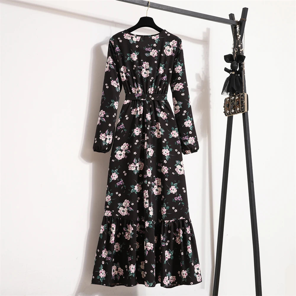 Autumn Spring Women Chiffon Dresses O-neck Mujer Vestidos Female Vintage Floral Printed Full Sleeve A-line Long Maxi Dresses