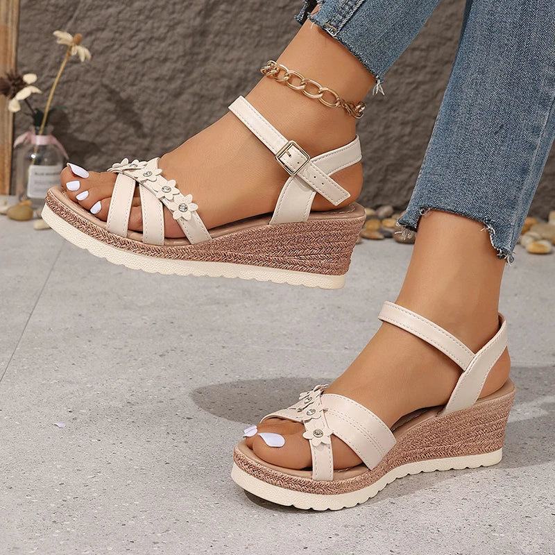 Fashion Flower Decor Women's Wedges Sandals 2024 Summer Ankle Strap Platform Sandles Woman Non Slip Casual Beach Sandalias Mujer