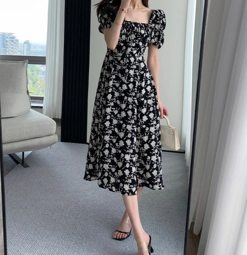 Spring Summer Chiffon Dress Women Casual Dresses Fashion Female Square Collar Short Sleeve Split A-line Dresses Vestidos