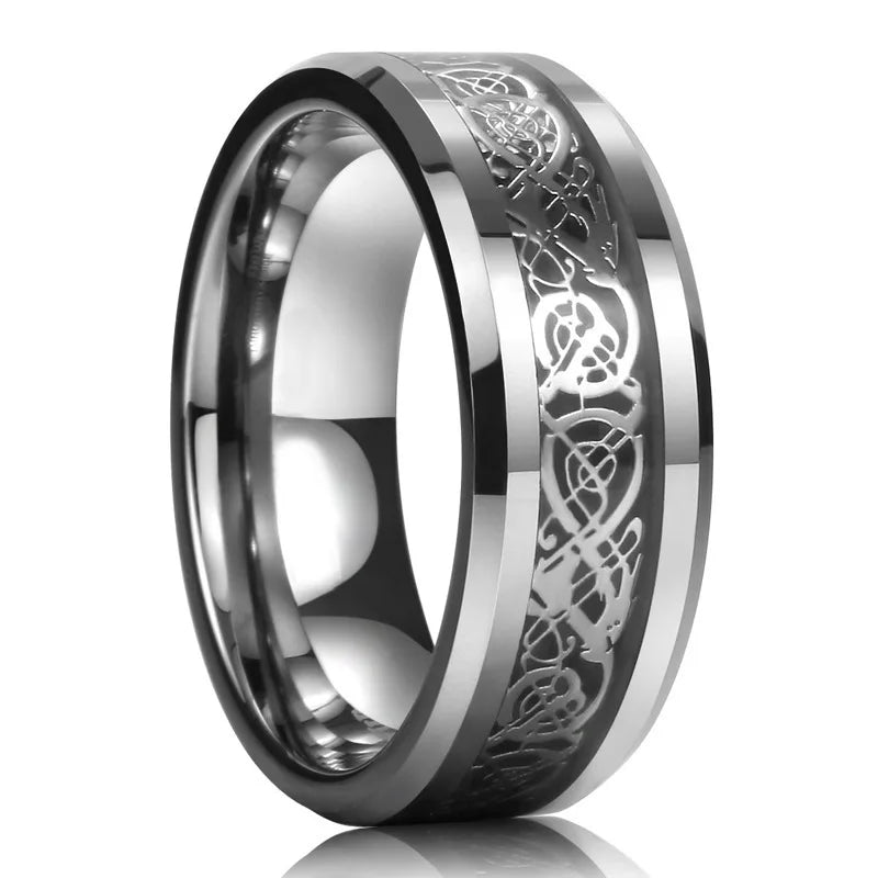 Fashion 8mm Men Blue  Beveled Edge Stainless Steel Celtic Dragon Ring Zircon Inlay Red Carbon Fibre Ring Men Wedding Band