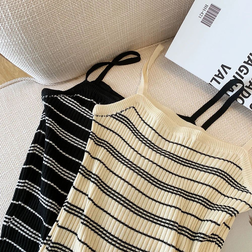 Summer Autumn Sleeveless Knit Dress Women camisole Dresses Fashion Female Striped Elastic Skinny Knitted Package Hip Mini Dress