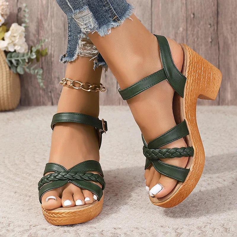 Women's Braided High Heels Sandals 2024 Summer Chunky Platform Gladiator Sandals Woman Ankle Straps Vacation Casual Beach Shoes