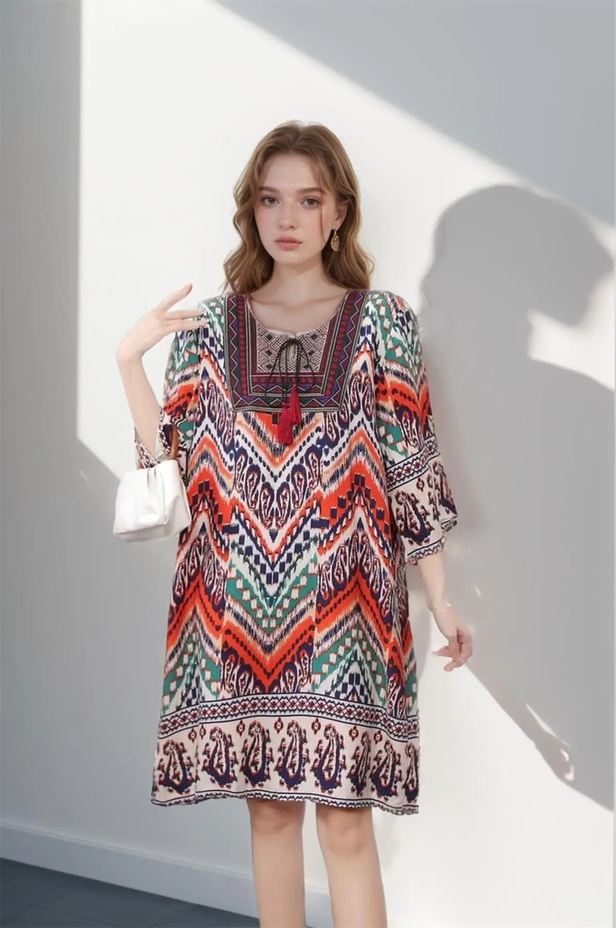 Print Floral Short Sleeve Loose Mini Dress Women Dresses Summer Spring Fashion Vintage Tassel Poplin Bohemian Beach Dresses