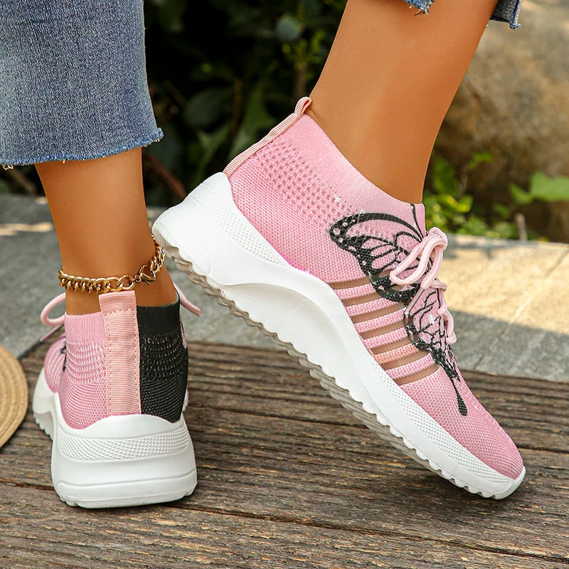 Butterfly Printed Knitted Sneakers Women Lightweight Anti-Slip Breathable Casual Shoes Woman 2024 Fashion Lace Up Tennis Shoes