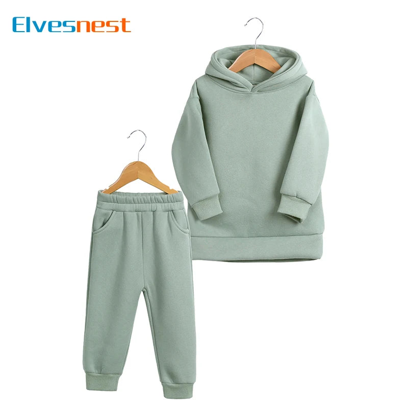 Winter Thicken Warm Kids Clothes Boys Outfit Set Cotton Long Sleeve Hooded Tops Pants Solid Children Clothing 2-6 Years