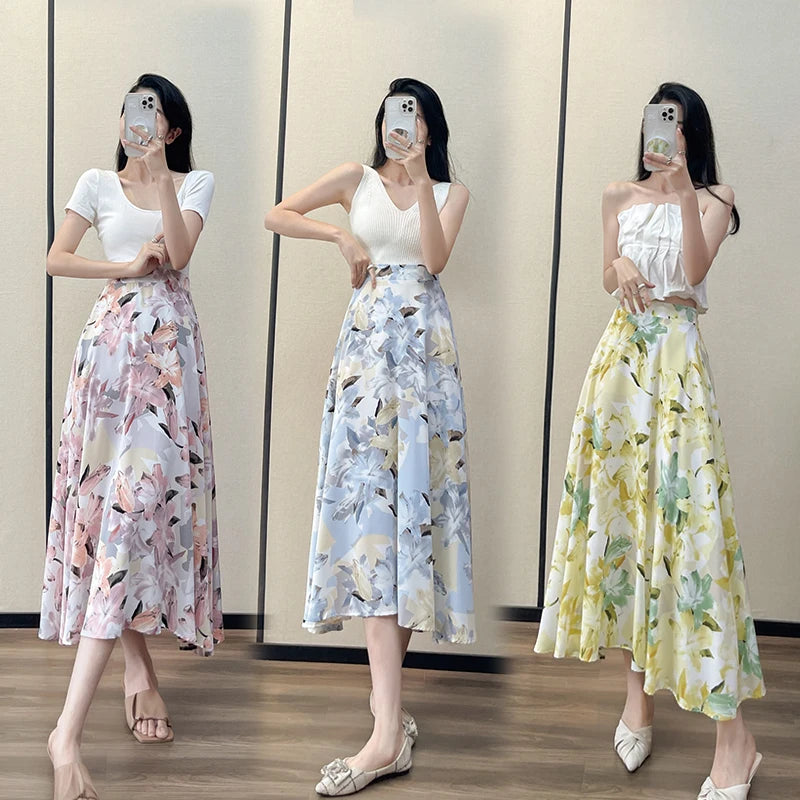 2022 Summer High Waist Women Skirts Casual Floral Printed Chiffon Woman Midi Skirts Bohemian Beach Holiday Long A-line Skirts