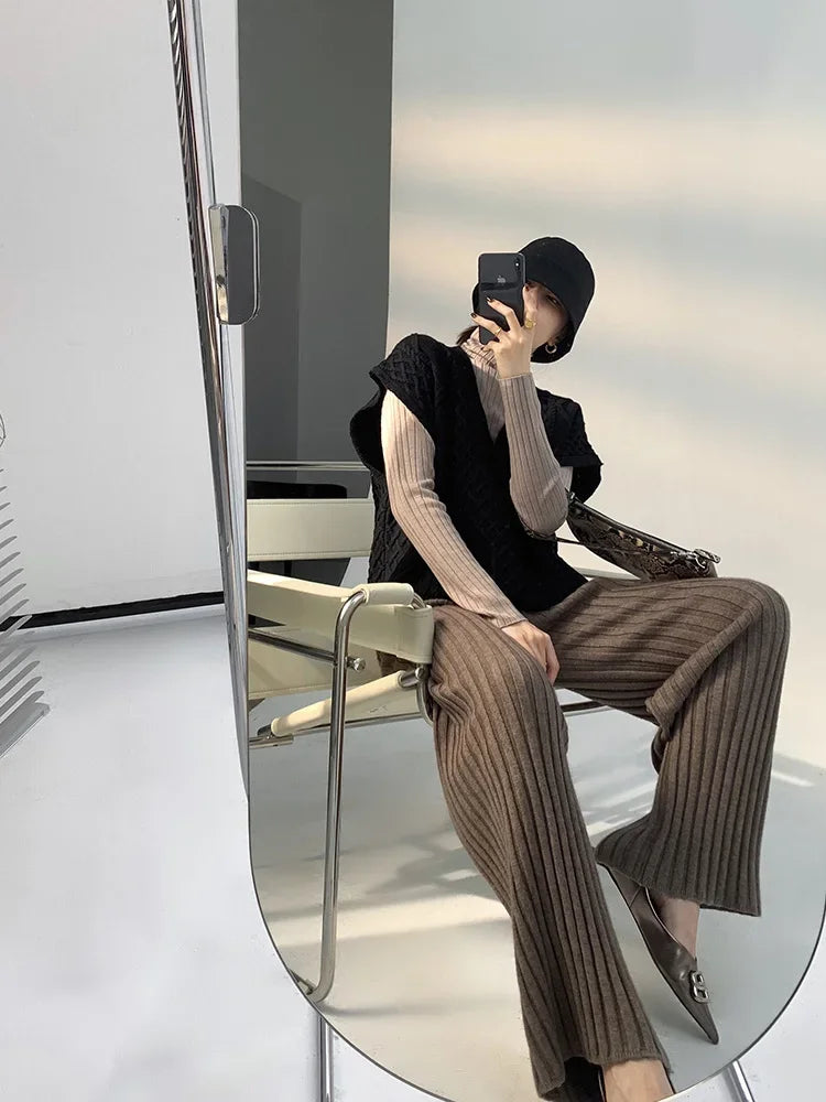 Autumn Winter Casual Thick Knitted Pant Women Long Trousers Elastic High Waist Kniting Wide Leg Pants Striped Pantalon