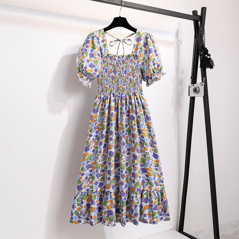 2023 Spring Summer Short Sleeve Casual Dresses Female Elastic Waist Pleated Backless Chiffon Dress Women Midi Dresses Vestidos