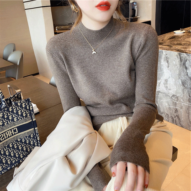 Autumn Winter Women Mock neck Sweaters Pullover Tops Knitwear Fashion Female Long Sleeve Skinny Elastic Casual Knitted Shirts