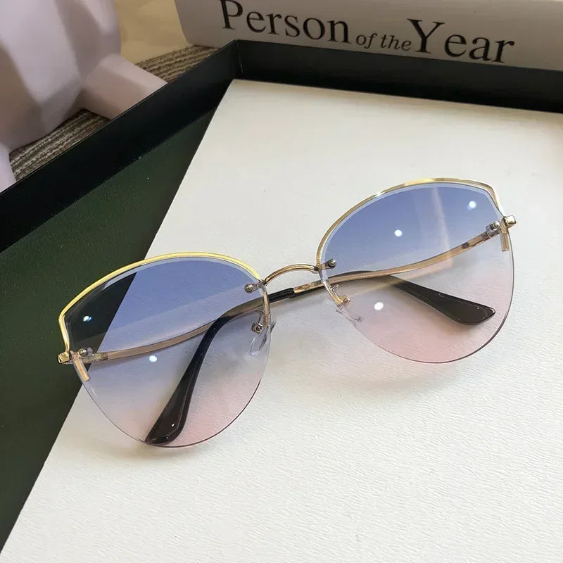 Brand Rimless Sunglasses Women Luxury Cat Eye Sun Glasses Ladies Clear Gradient Sunglass 2024 Diamond Cutting Lenes UV400