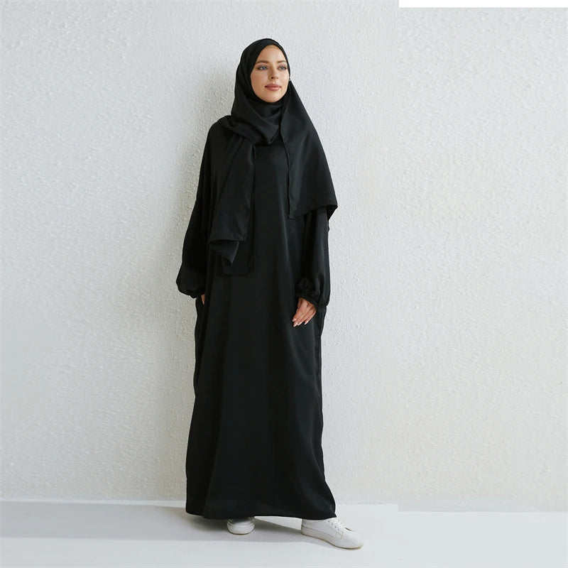 Muslim Abaya Prayer Dress One-piece Hooded Smocking Sleeve Islamic Clothing Women Jilbab Dubai Saudi Black Robe Turkish Modesty