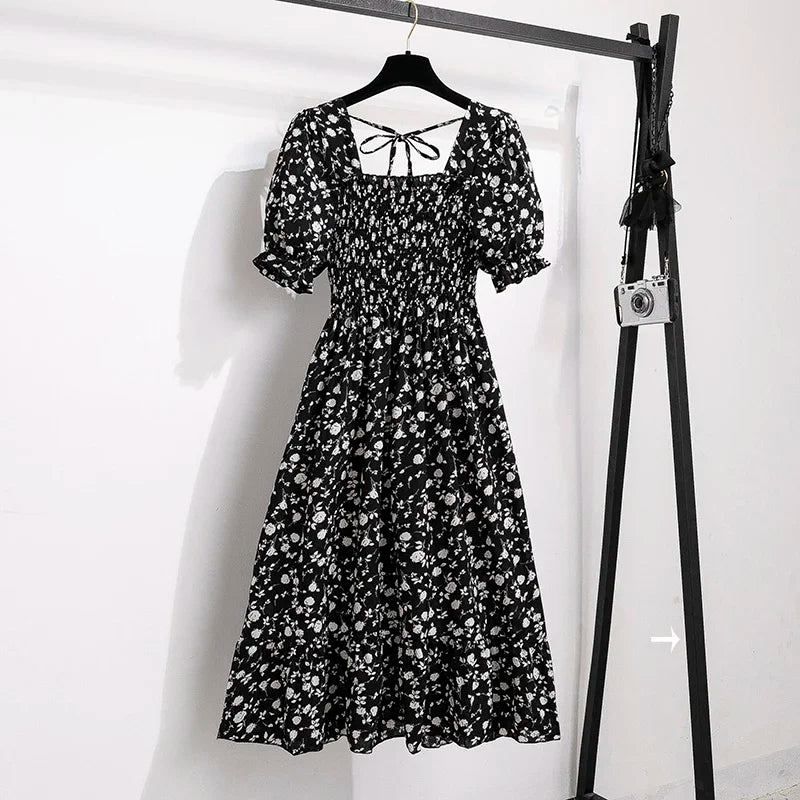 Spring Summer Chiffon Dresses Fashion Female Elastic Waist Short Sleeve Pleated Casual Dress Women A-line Dresses Vestidos