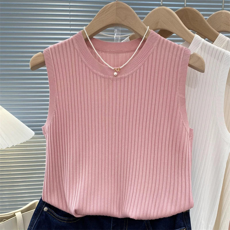 Summer Spring Tanks Top Women Sleeveless Knitted T-Shirts Female Elastic Slim Casual Vests Crop Tops Camis Pullover Shirts