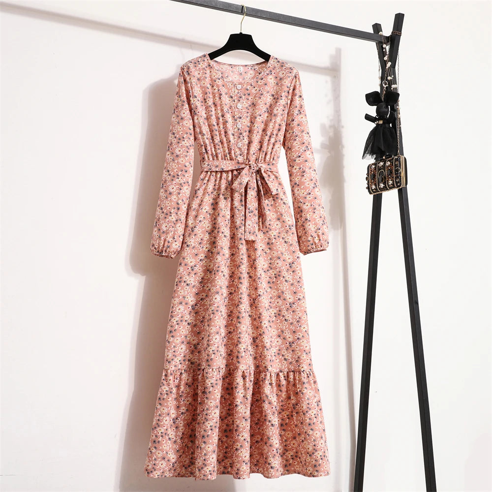 Autumn Spring Women Chiffon Dresses O-neck Mujer Vestidos Female Vintage Floral Printed Full Sleeve A-line Long Maxi Dresses