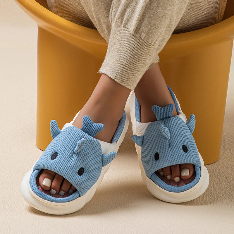 Cute Cartoon Shark Linen Slippers Women 2024 Winter Thick Bottom Home Cotton Slippers Woman Non Slip Indoor Couple Shoes Slides