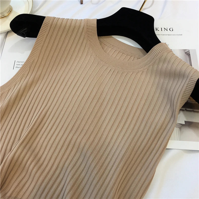 Summer Spring Tanks Top Women Sleeveless Knitted T-Shirts Female Elastic Slim Casual Vests Crop Tops Camis Pullover Shirts