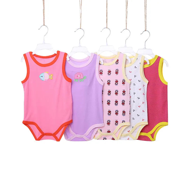 [5Pcs/lot Random Color] Cartoon Baby Bodysuit Cotton Sleeveless Baby Girl Clothes Summer Infant Boys Bodysuits Newborn Jumpsuits