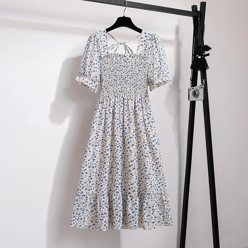 Spring Summer Chiffon Dresses Fashion Female Elastic Waist Short Sleeve Pleated Casual Dress Women A-line Dresses Vestidos