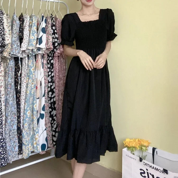 Spring Summer Elastic Waist Chiffon Dress Women Casual Dresses Vestidos Fashion Female Short Sleeve Pleated A-line Dresses