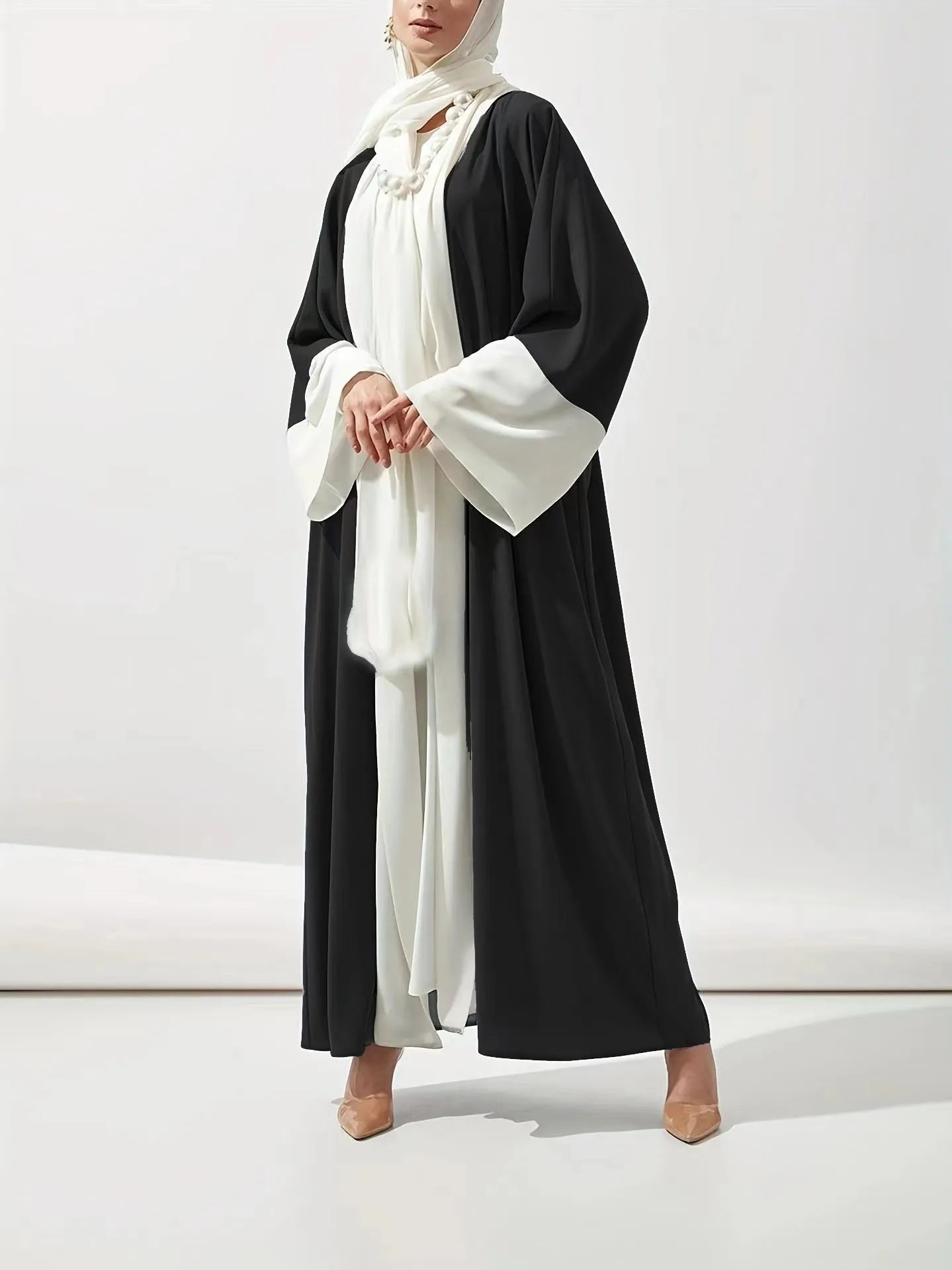 Open Front Abaya and Hijab 2 Pcs Long Sleeve Muslim Elegant Out Kaftan Maxi Length Dress Women Jilbabs Cardigan Women's Clothing