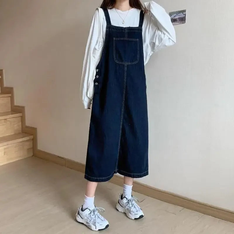 Spring Summer Denim Overall Dress Women Casual Sleeveless Jeans Dresses Fashion Solid Split Loose Spaghetti Strap Dresses Girls