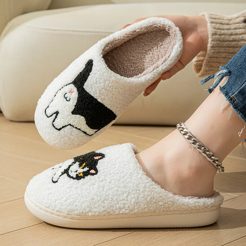 Cartoon Cat Puppy Embroidered Home Slippers Women 2024 Winter Closed Toe Cotton Slippers Woman Non Slip Flat Heels Indoor Shoes