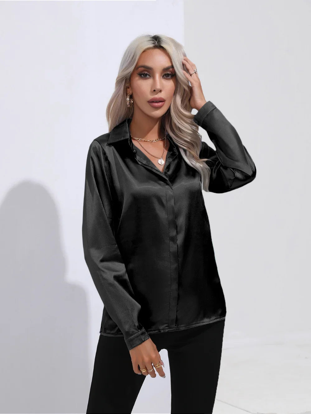 Women's Shirt with Single Breasted Long Sleeve Shirts Spring Summer Silk Shirt Office Lady Satin Turn-down Collar Casual Blouses